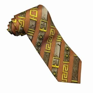 Gianni Versace Men's Tie Baroque Greek Key Medusa Belts Orange Silk 3.75" x 61"